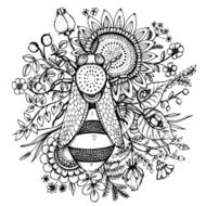 Beautiful vector illustration with bee flowers and berries