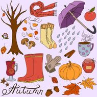 Set of doodle style autumn clothes food elements and symbols