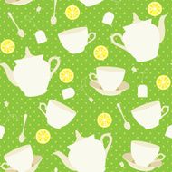 Seamless pattern with cups teapots and lemons