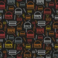 Seamless pattern of colored burgers and fries on grey background