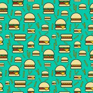 Seamless pattern of burgers and fries on turquoise background