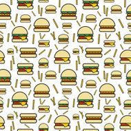 Seamless pattern of burgers and fries on white background