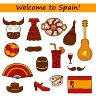 Set of cartoon drawn icons on Spain theme flag bull N2