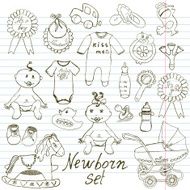 Baby icons toys clothes and cradle hand drawn sketch vector