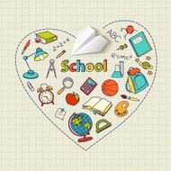 Paper plane and school doodle heart-shaped vector background