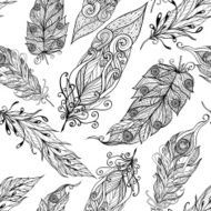 Feather seamless doodle black pattern