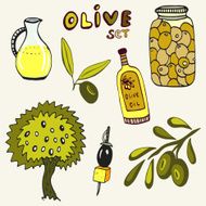 Hand drawn olive set Set of the elements Olives