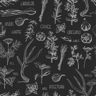 Seamless pattern with herbs and spices on a dark background