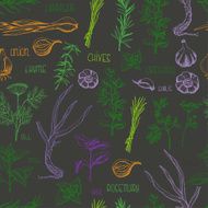 Seamless pattern with colored herbs and spices on a dark