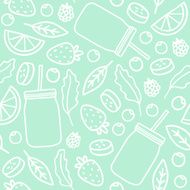 Fruits berries and smoothie jars outline seamless pattern