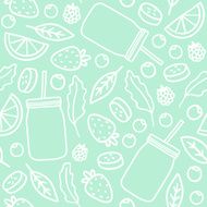 Fruits berries and smoothie jars outline seamless pattern