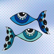 Cute two fish cartoon doodle on brulled background