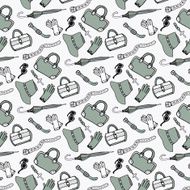 Doodle hand drawn girls fashion accessories and handbags seamless pattern