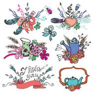 Doodle vintage floral group hand sketched element set