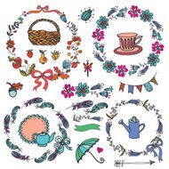 Doodle vintage floral wreath hand sketched element set