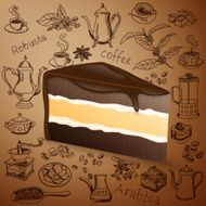 hand drawn coffee collection with tasty chocolate cake