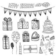 Birthday hand drawn elements Doodle set with birthday gift box