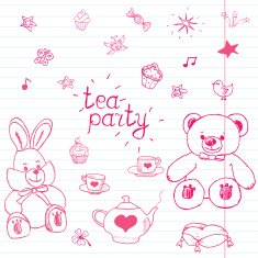 Hand drawn vector illustration set of tea party with toys