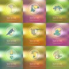 Set of hand drawn vector retro cartoon birds on blurred