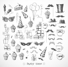 Set of sketch party objects hand-drawn with ink