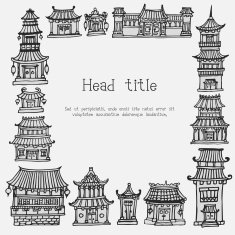 Card template with asian temples and manor houses