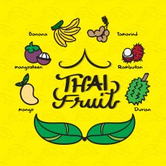 Doodle style of many kind Thai fruit on yellow