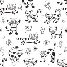 Seamless Pattern with Funny Cats Birds Flowers and Butterflies