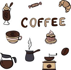 Vector set of tasty coffee hand drawn doodles