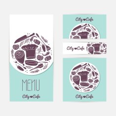 Set of identify cards templates with doodle food Cafe branding