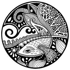Black white abstract zendala with fish and waves on circle