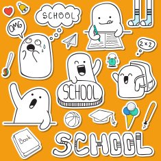 Set sticker doodle characters and school supplies N2