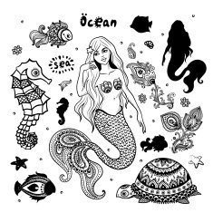 Vector set of fish and shells