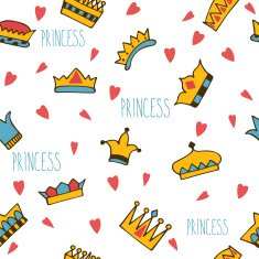 Princess seamless pattern with hand drawn crowns and hearts