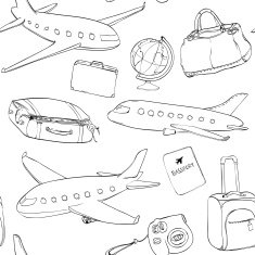 Seamless travel pattern with planes globe bag and suitcases
