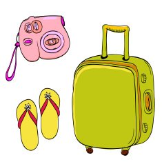 Set of travel illustrations camera slippers and trolley bag