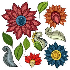 Vector Set of Colored Contour Flowers and Leaves N4