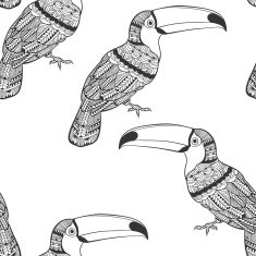 Seamless pattern with toucans Black and white doodle background