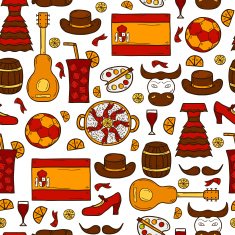 Seamless background with cartoon drawn objects on Spain theme flag