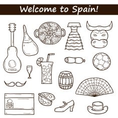 Set of cartoon drawn icons on Spain theme flag bull