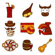 Set of cartoon drawn icons on Spain theme flag bull N3