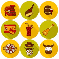 Set of cartoon drawn icons on Spain theme flag bull N5