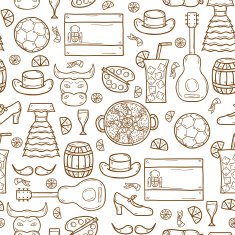 Seamless background with cartoon drawn objects on Spain theme flag N2