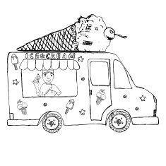 Hand drawn sketch Ice Cream Truck with seller