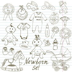 Baby icons toys clothes and cradle hand drawn sketch vector