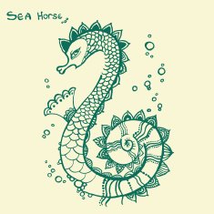 Funny hand drawn sea horse with bubbles vector illustration