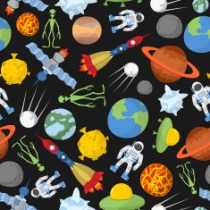 Space seamless pattern Planets and rockets UFO alien sate