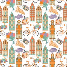 Set of traditional things Netherlands buildings tulips bike cheese shoes