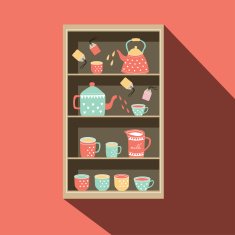 Shelf with tea pot and cup illustration