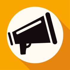 Megaphone icon on white circle with a long shadow
