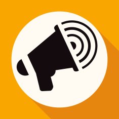 Megaphone icon on white circle with a long shadow N2